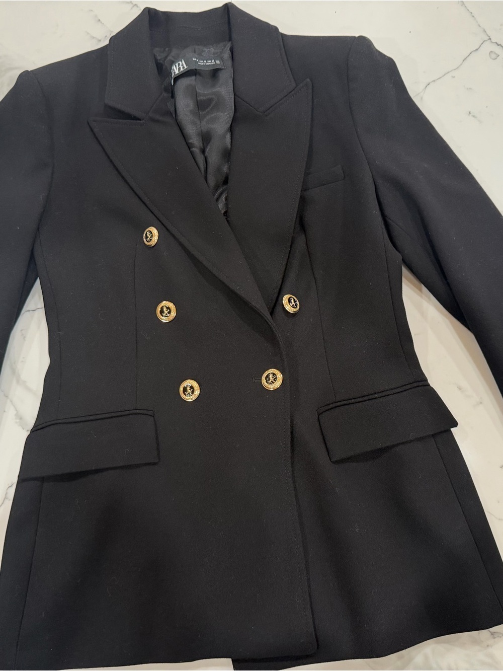 Zara Black Double-Breasted Gold-Button Blazer